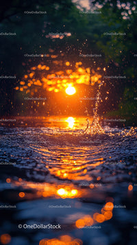 Sunset Reflection Over Water Scene with Sparkling Drops