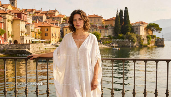 Woman in White Dress by Lakeside Town in Warm Light