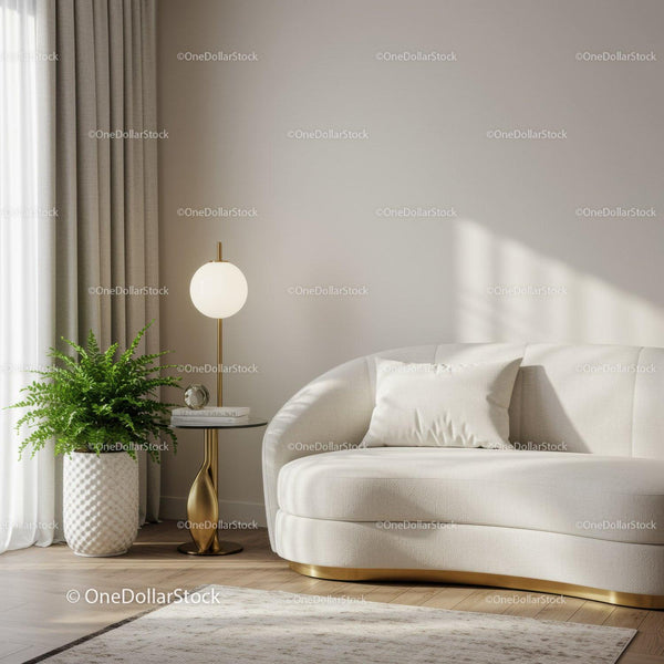 Cozy modern living room with curved sofa and green plant
