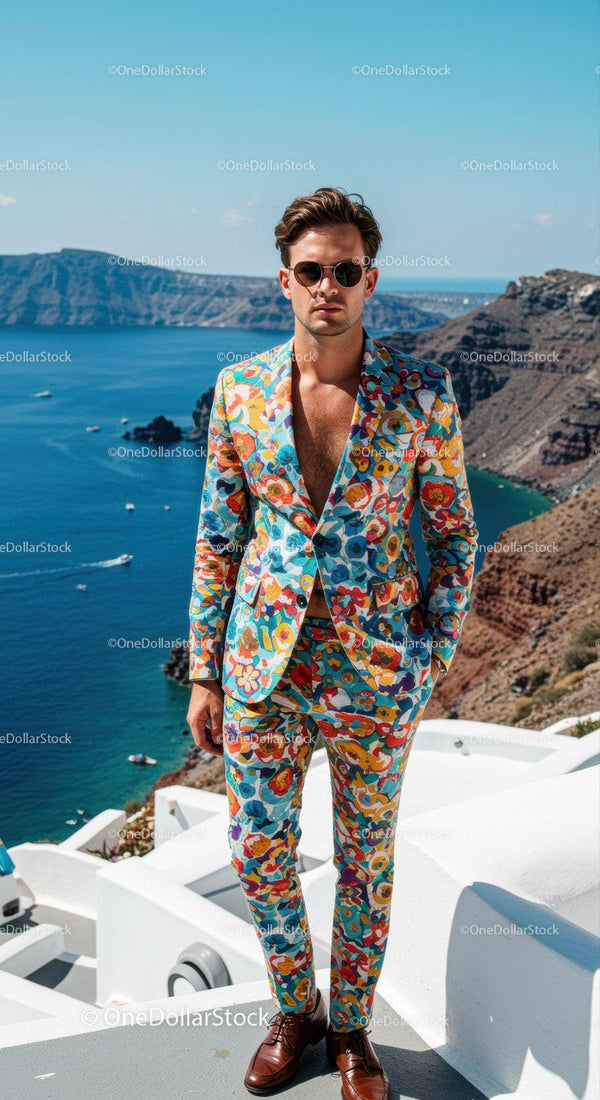 Stylish man in colorful suit by ocean cliffs