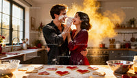 Couple Playfully Baking Heart Cookies Together at Home