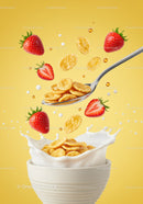 Fresh strawberries and cereal splashing into milk bowl