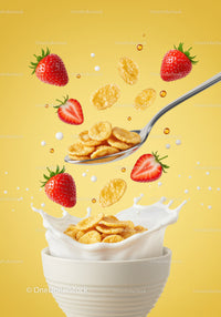 Fresh strawberries and cereal splashing into milk bowl