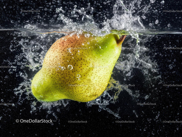 Juicy Green and Yellow Pear Splashing into Water for Refreshing Effect
