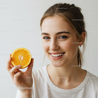 Bright Smiling Woman Holding Orange Slice in Fresh Studio Portrait