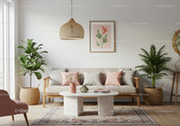 Cozy living room with natural decor and soft pastel accents