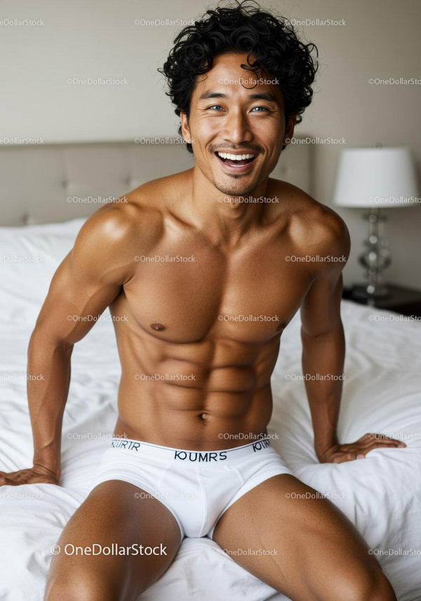 Smiling athletic man in white underwear on bed