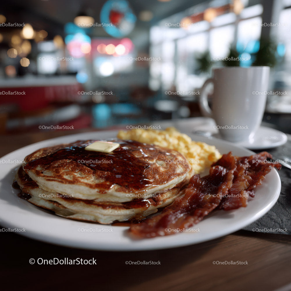 Stack of Fluffy Pancakes with Bacon and Syrup in Cozy Breakfast Setting