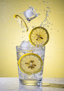 Fresh lemon slices splashing into glass with ice