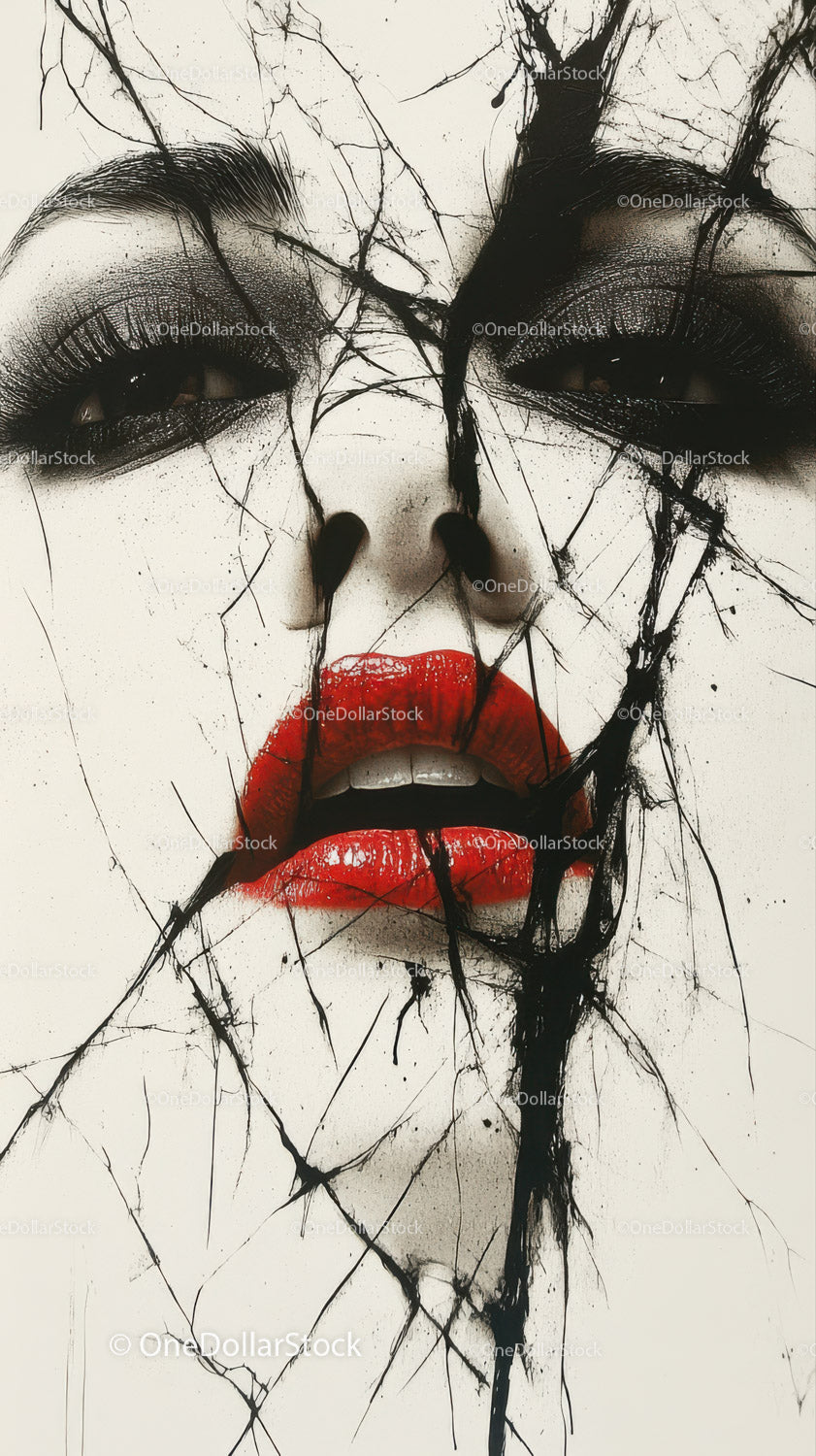 Artistic Woman Face with Cracked Glass Effect and Red Lips