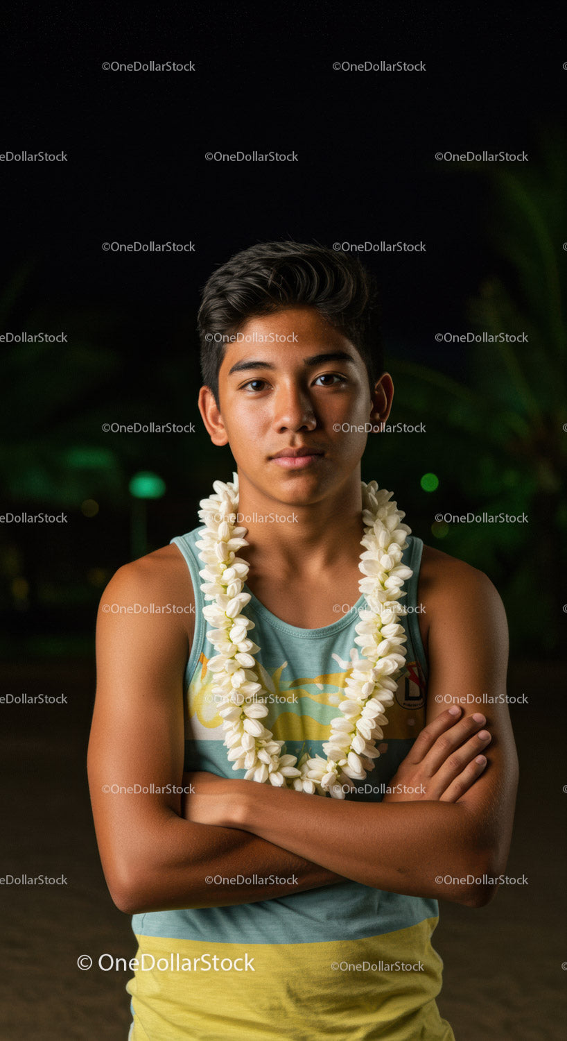 Young Man Wearing Floral Necklace and Casual Clothing Outdoors at Night