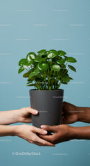 Hands of diverse people holding green potted plant
