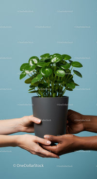 Hands of diverse people holding green potted plant