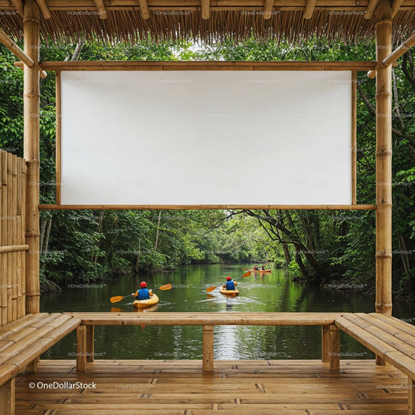 Kayakers paddling through lush green river landscape JPG Mockup Image