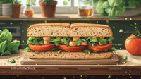 Healthy Vegetable Sandwich with Fresh Tomato and Greens on Wooden Board