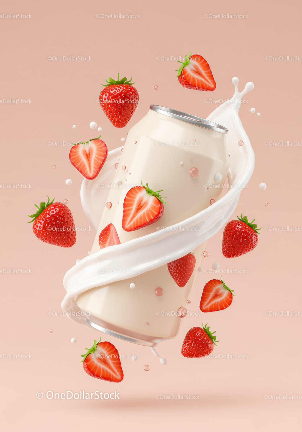 Creamy strawberry yogurt drink can with splashes