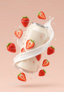 Creamy strawberry yogurt drink can with splashes