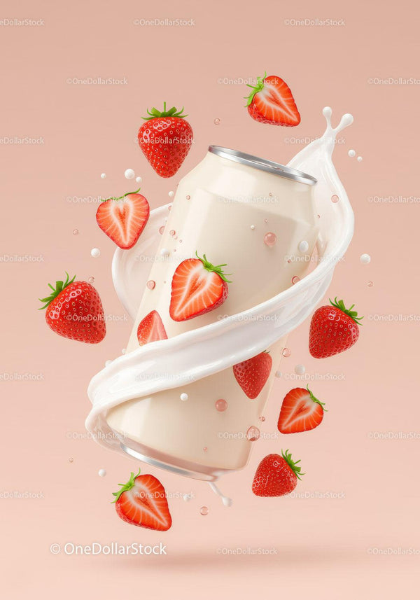 Creamy strawberry yogurt drink can with splashes JPG Mockup Image