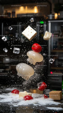 Dynamic Food Ingredient Explosion with Dough Cherry Tomatoes and Flour