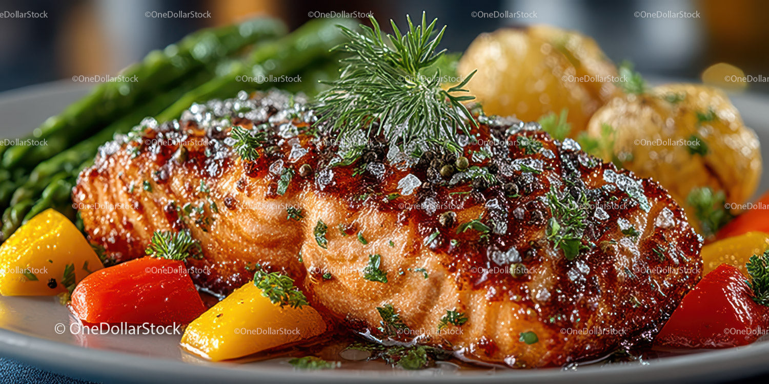 Glazed Salmon Fillet with Fresh Vegetables and Herbs for Fine Dining
