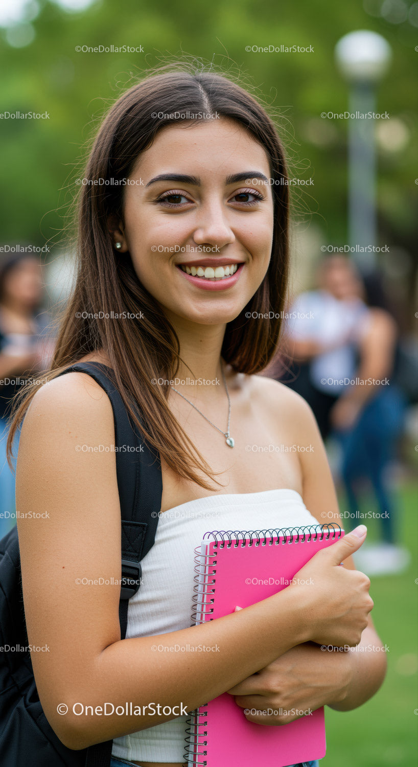Young Smiling Woman with Backpack Holding Pink Notebook in Park