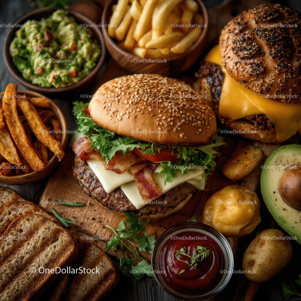 Gourmet Burger with Crispy Fries and Homemade Guacamole