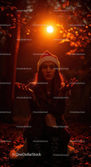 Woman in Santa Hat Reaching Out in Autumn Woods