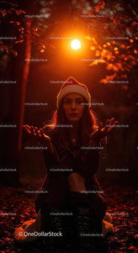 Woman in Santa Hat Reaching Out in Autumn Woods