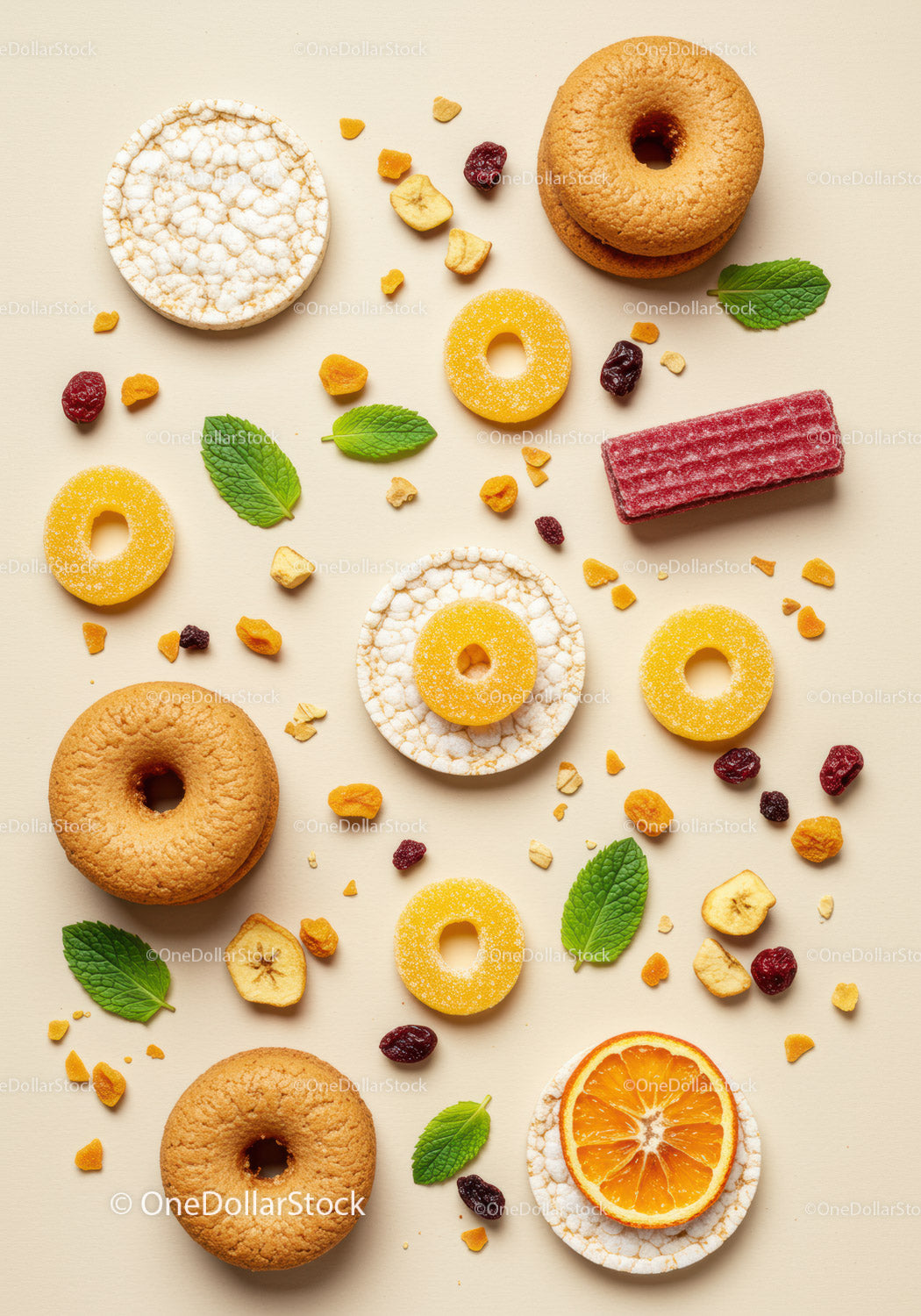 Healthy dried fruit and cookie snack flat lay arrangement