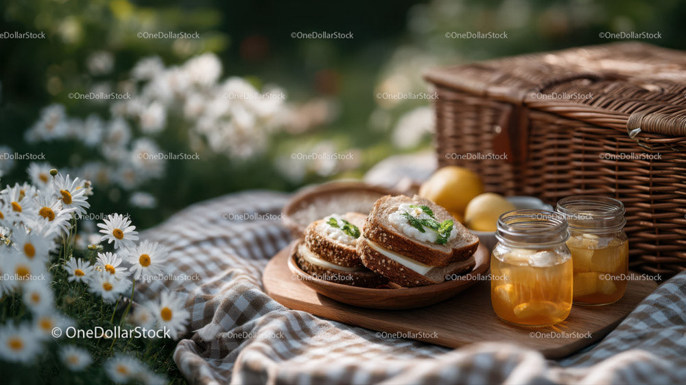 Piknik na świeżym powietrzu z kanapkami, słoikami miodu i wiklinowym koszem