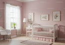 Nursery Room with Pink Wall and White Baby Crib Decorated with Floral Art