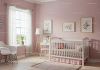 Nursery Room with Pink Wall and White Baby Crib Decorated with Floral Art