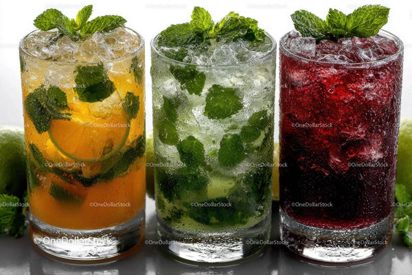 Colorful Iced Fruit Drinks with Citrus and Mint on White Background