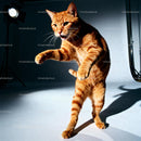 Playful ginger cat standing and reaching out in studio