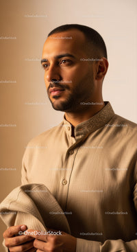 Elegant Man in Traditional Beige Kurta with Matching Turban for Cultural Portrait