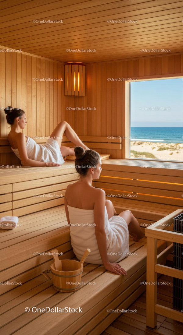 Relaksujące kobiety w saunie z widokiem na ocean