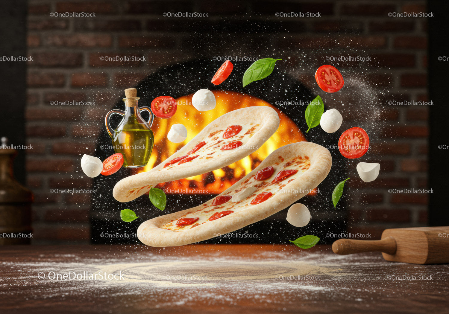 Fresh Ingredients Flying Around Pizza Dough in Rustic Kitchen