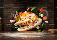 Fresh Ingredients Flying Around Pizza Dough in Rustic Kitchen