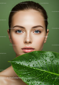 Close-Up of Woman with Clear Skin and Blue Eyes Holding Green Leaf