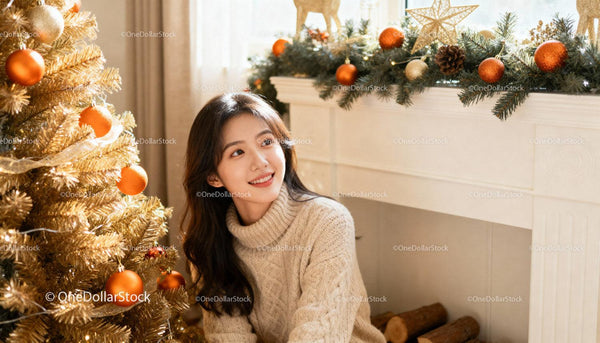 Smiling woman in cozy sweater near golden Christmas tree