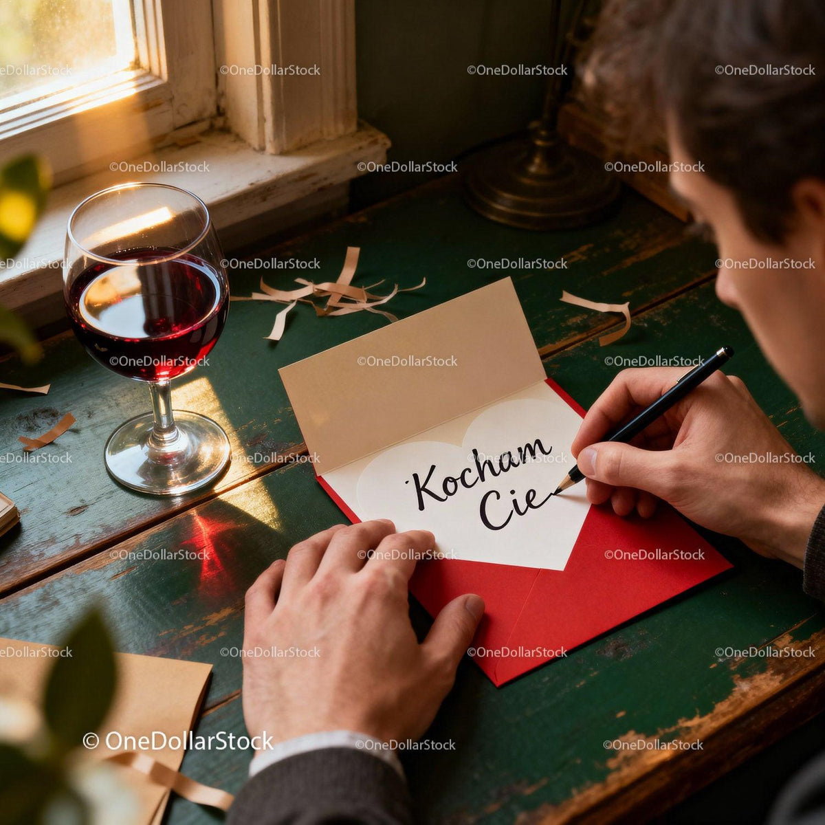 Man Writing Love Note with Red Wine on Wooden Table