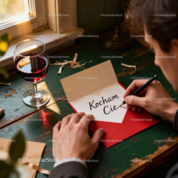 Man Writing Love Note with Red Wine on Wooden Table