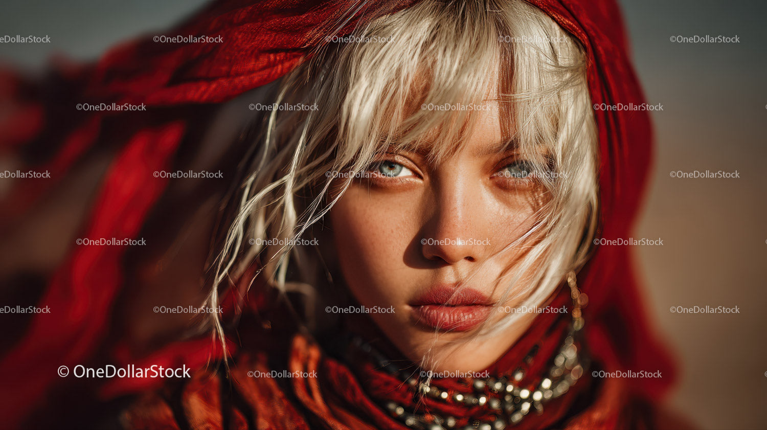 Glamorous Blonde Woman with Blue Eyes Wearing Red Scarf in Studio