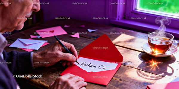 Man writing a love letter in a red envelope at wooden table