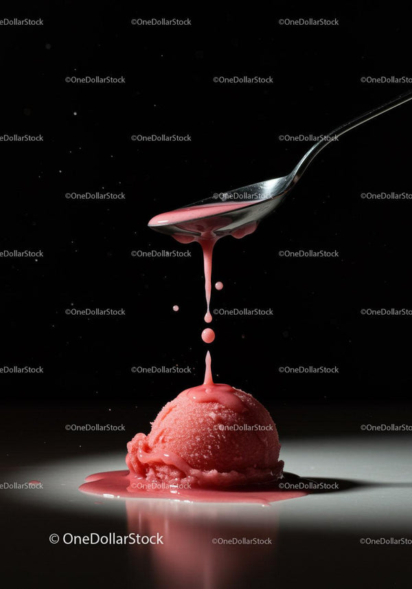 Dripping Strawberry Sauce Over Frozen Sorbet Scoop