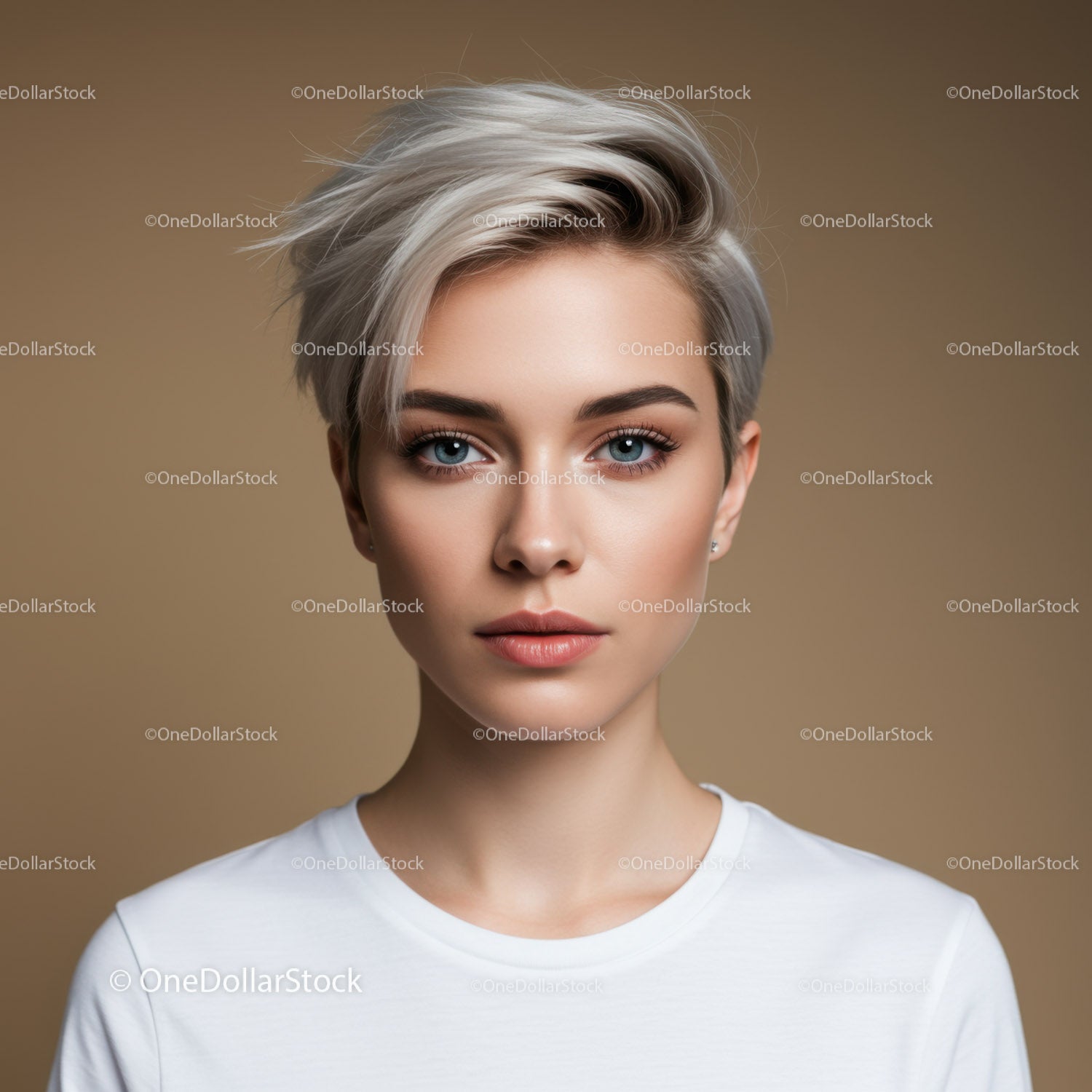 Stylish Woman with Short Platinum Blonde Hair and Blue Eyes