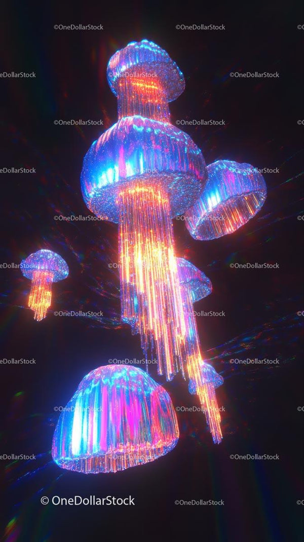Stado bioluminescencyjnych meduz w żywej scenie głębokiego morza