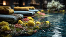 Serene Outdoor Spa Scene with Yellow Towel and Water Lilies