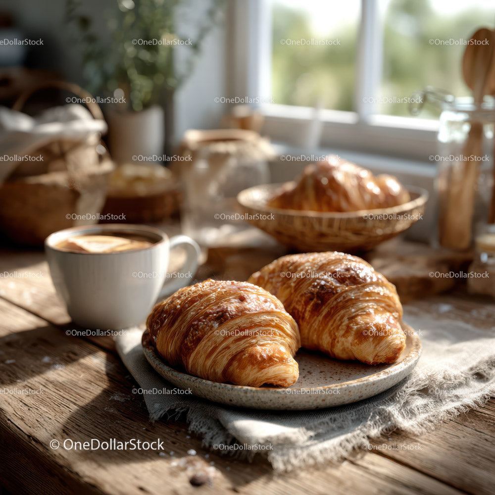 Świeże croissanty z kawą na rustykalnym drewnianym stole. Poranny widok w blasku słońca.