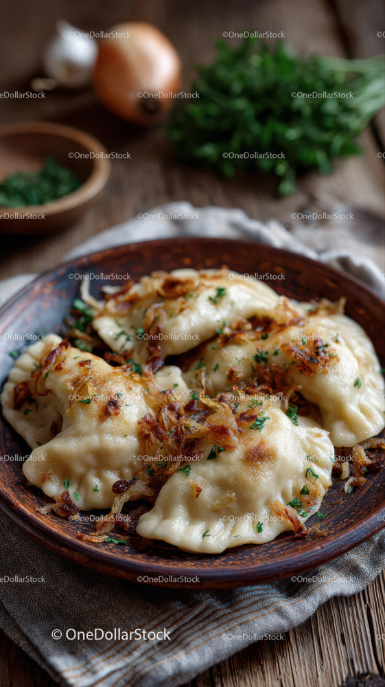 Delicious Fried Potstickers with Soy-Glazed Onion Garnish in a Rustic Bowl